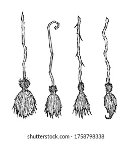 Witch broom. Vector cartoon illustrations. Isolated objects on a white background. Hand-drawn style.