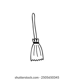 Witch broom vector clipart in doodle style. Halloween Line Icon. A broom for cleaning. For cards, stickers.  Stock isolated clipart on a white background.