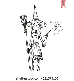  witch with broom. vector illustration.