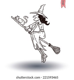  witch with broom. vector illustration.