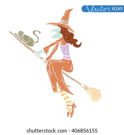  witch with broom. vector illustration.