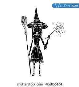  witch with broom. vector illustration.