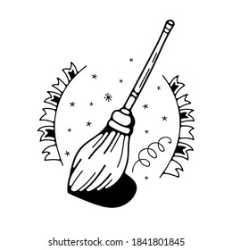 Witch broom vector illustration. Isolated on white background. Cute doodle illustration.