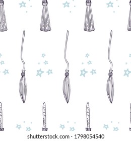 Witch broom vector seamless pattern. Witchy background for halloween design. Magic school concept. EPS 8.