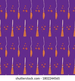 Witch broom vector seamless pattern. Witchy background for halloween design. Magic and witchcraft concept. EPS 8.