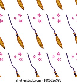 Witch broom vector seamless pattern. Witchy background for halloween design. Magic and witchcraft concept. EPS 8.