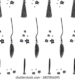 Witch broom vector seamless pattern. Witchy background for halloween design. Magic school concept. EPS 8.