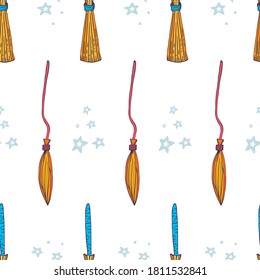 Witch broom vector seamless pattern. Witchy background for halloween design. Magic school concept. EPS 8.