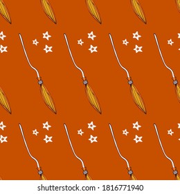 Witch Broom Vector Seamless Pattern. Witchy Background For Halloween Design. Magic And Witchcraft Concept. EPS 8.