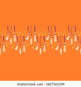 Witch broom vector seamless pattern. Witchy horizontal border for halloween design. Magic and witchcraft concept. EPS 8.