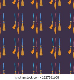 Witch broom vector seamless pattern. Witchy background for halloween design. Magic school concept. EPS 8.