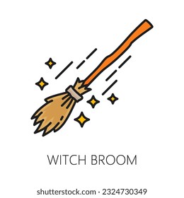 Witch broom witchcraft and magic icon. isolated vector linear broomstick with sleek wooden handle and bristles with sparks. Halloween sign representing mystical powers, fantasy, and the supernatural