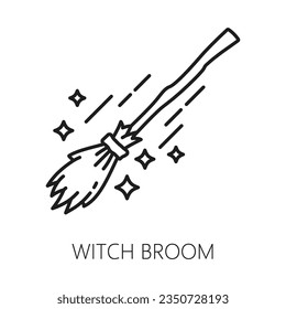 Witch broom. Witchcraft and magic icon. Esoteric, astrology, mystery. Witchcraft and sorcery item thin line symbol, black magic linear vector symbol, esoteric icon with flying broom