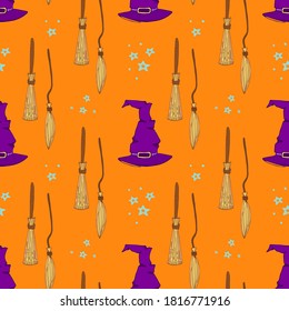 Witch broom and witchy hat vector seamless pattern. Witchy background for halloween design. Magic and witchcraft concept. EPS 8.