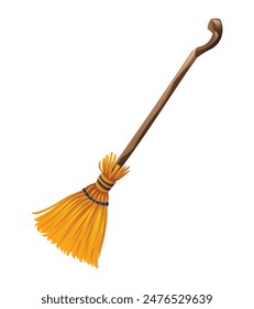 Witch broom with wooden handle and yellow bristles. Vector cartoon illustration isolated on white background.