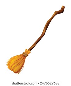 Witch broom with wooden handle and yellow bristles. Vector cartoon illustration