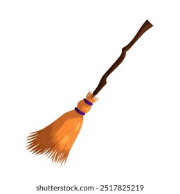 Witch broom with wooden handle and yellow bristles. Vector cartoon illustration isolated on white background.