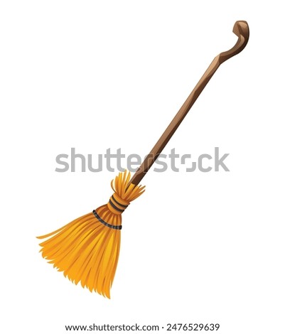 Witch broom with wooden handle and yellow bristles. Vector cartoon illustration isolated on white background.