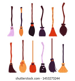 Witch brooms collection isolated on white background. A set of items for Halloween. Vector illustration in the style of flat.