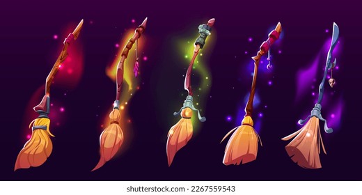 Witch brooms, magic broomsticks for Halloween decoration or witchcraft game. Flying besom with wooden stick, twigs and mystic glow, vector cartoon set isolated on background