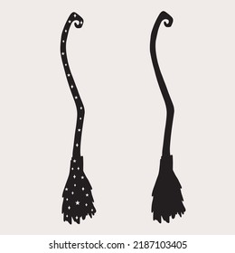 Witch brooms. Set of two witchy brooms with stars. Silhouette vector, magical art.