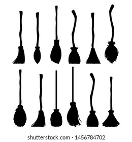 Witch brooms silhouettes collection isolated on white background. A set of items for Halloween. Vector illustration in the style of flat.