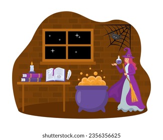 Witch with broomstick brewing potion vector illustration. Woman in hat casting spell with magic books, cauldron and candles in spooky room with spiders. Witchcraft equipment, Halloween concept