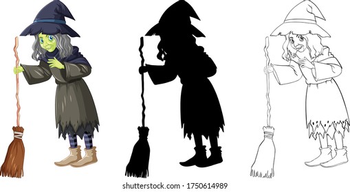 Witch with broomstick in color and outline and silhouette cartoon character isolated on white background illustration