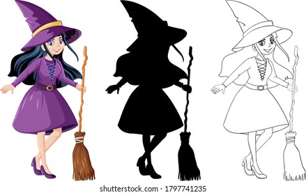 Witch with broomstick in color and outline and silhouette cartoon character isolated on white background illustration