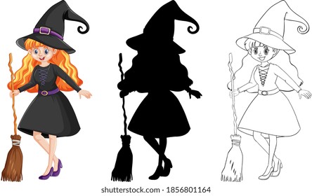 Witch with broomstick in color and outline and silhouette cartoon character isolated on white background illustration