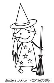 Witch with broomstick, cute vector illustration, coloring book