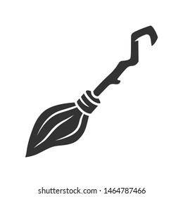 Witch broomstick glyph icon. Silhouette symbol. Magical broom stick for hag, sorceress. Halloween magic item. Flying wooden broom, besom. Witchcraft & sorcery tool. Vector isolated illustration