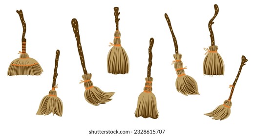 Witch broomstick Halloween holiday flat illustration set