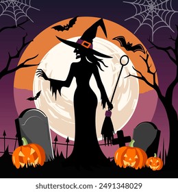 Witch with a broomstick. Halloween witch Silhouette. Vector illustration witch, moon, cemetery, pumpkins