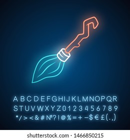 Witch broomstick neon light icon. Glowing sign with alphabet, numbers. Magical broom stick for hag, sorceress. Flying wooden broom, besom. Witchcraft & sorcery tool. Vector isolated illustration