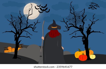 Witch With Broomstick On The Background Of Black Trees, Pumpkins, Bats, Full Moon. Halloween Background. Vector Illustration