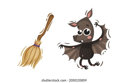 Witch Broomstick and Vampire Bat as Halloween Symbol Vector Set