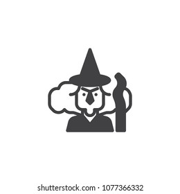 Witch with broomstick vector icon. filled flat sign for mobile concept and web design. Halloween simple solid icon. Symbol, logo illustration. Pixel perfect vector graphics