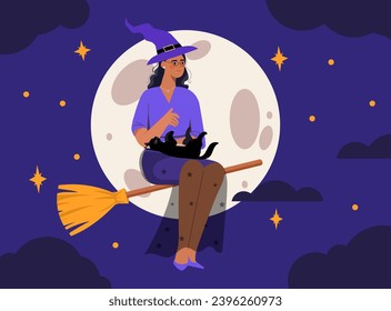 Witch at broomstick. Woman in witchhat at background of starry sky and moon. Magic, witchcraft and sorcery. Imagination and fantasy, dream and fairy tale. Cartoon flat vector illustration