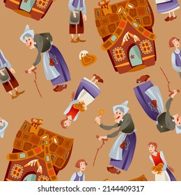 The witch, brother, sister and gingerbread house. Сharacters of a German fairy tale “Hansel and Gretel”. Seamless background pattern. Vector illustration

