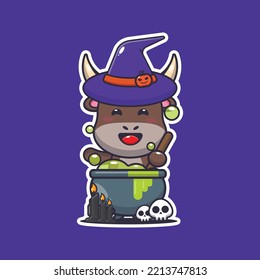 Witch bull making potion in halloween day. Cute halloween cartoon illustration.