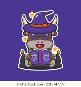 Witch bull reading spell book. Cute halloween cartoon illustration.