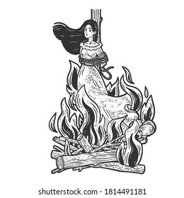 witch is burning in flames sketch engraving vector illustration. T-shirt apparel print design. Scratch board imitation. Black and white hand drawn image.