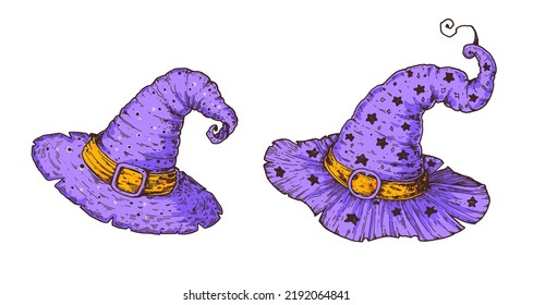 Witch cap hand drawn. Vector illustration. Two witch hats. Happy halloween. Cartoon style design element.