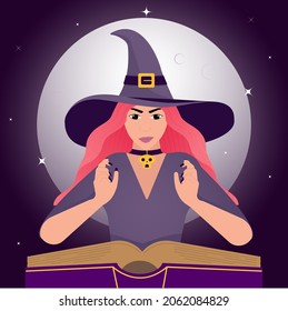 A witch in a cap with pink hair conquirses over a book