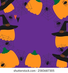 Witch caps on Pumpkins and spiders on cobweb. Colorful square frame border Copy space Template idea