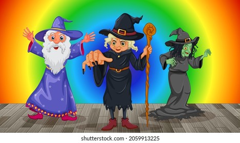 Witch cartoon character on rainbow gradient background illustration