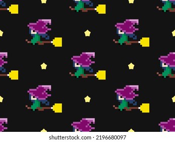 Witch cartoon character seamless pattern on black background. Pixel style