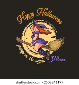 witch cartoon fly on broom halloween night illustration