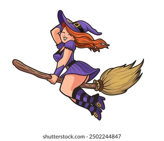 witch cartoon fly on broom halloween night illustration isolated